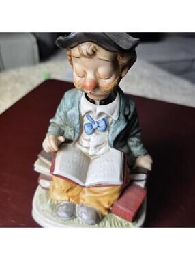 Vintage Waco Porcelain Clown Reading Books Music Box Figurine Japan Clowncore